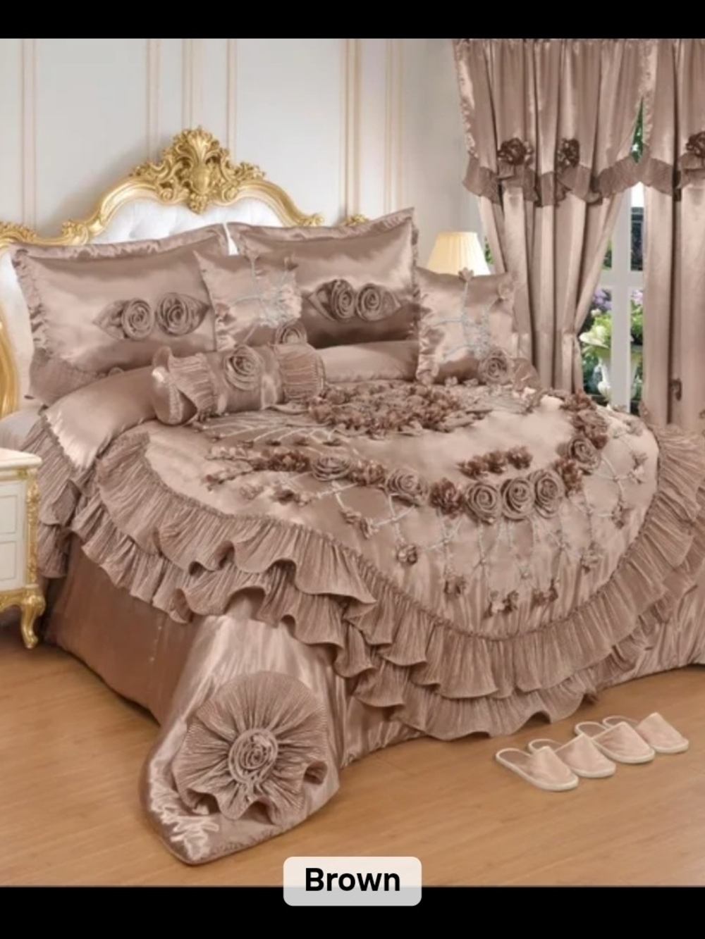 Liliana Satin Ruffled Rosette Comforter Set in Brown